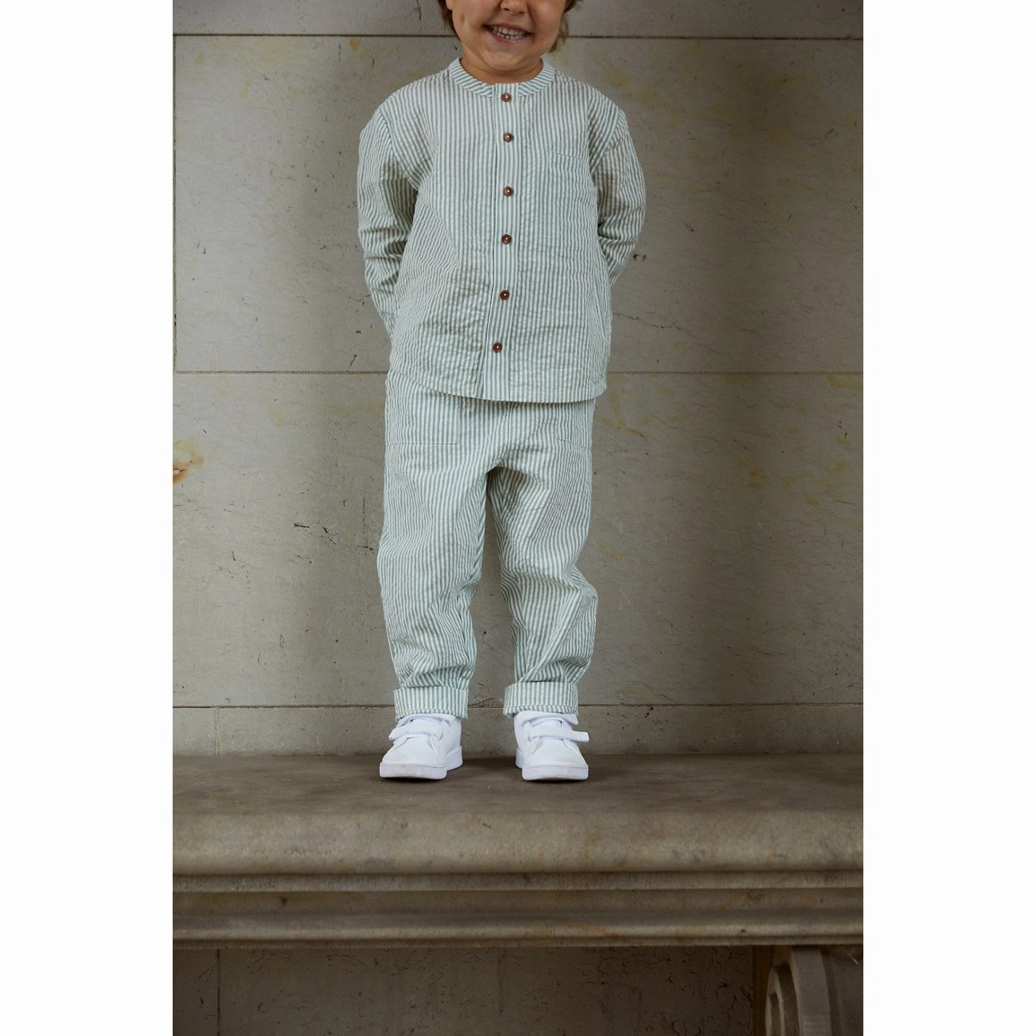 Asymmetrical Cut garden party COPENHAGEN COLORS Green W Cream Stripe Seersucker Shirt W. Placket