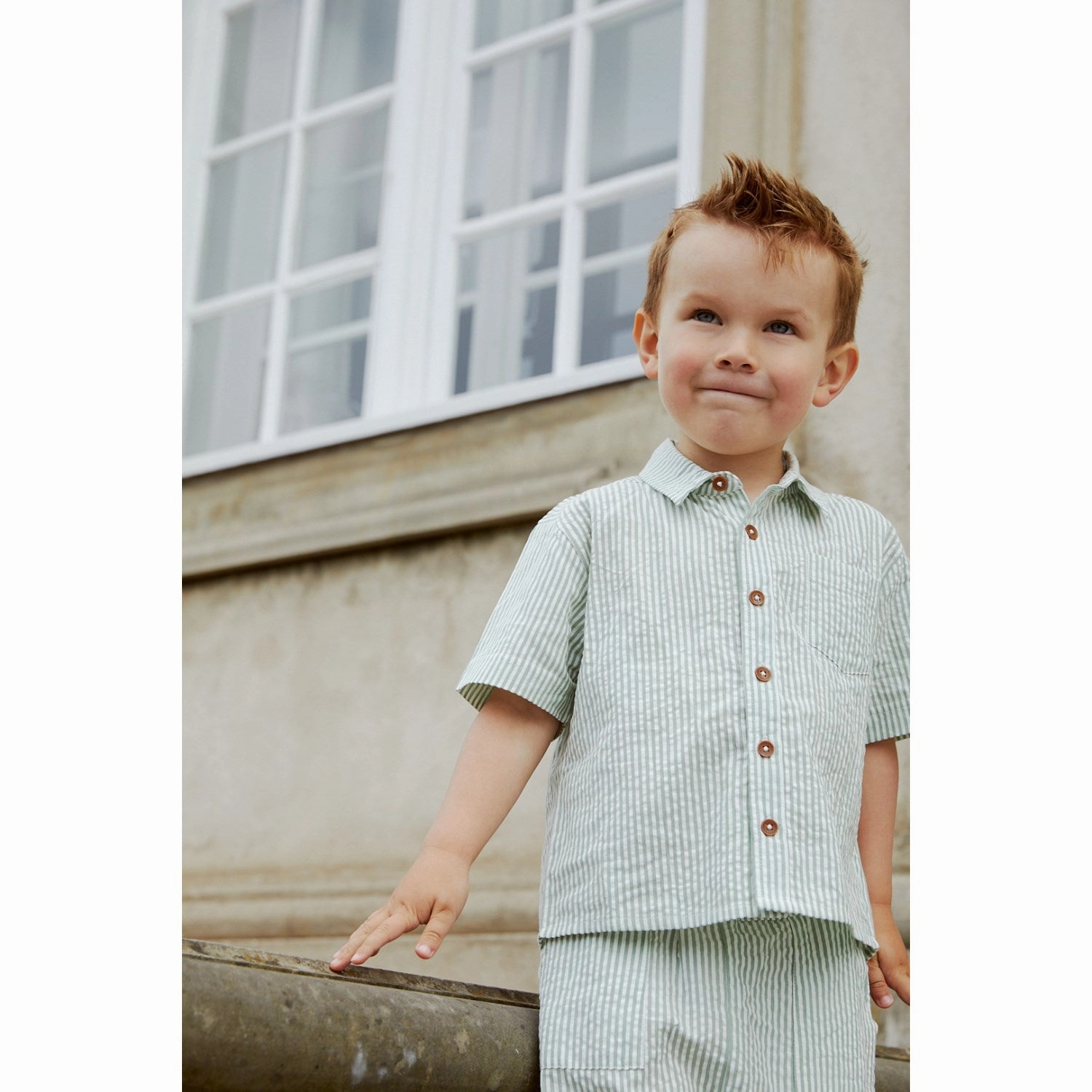 COPENHAGEN COLORS Green W Cream Stripe Seersucker Ss Shirt Affordable Luxury Sleeveless Cut