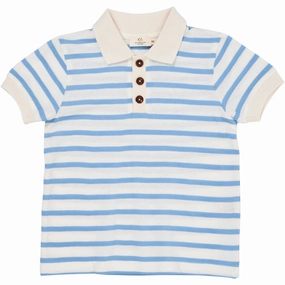 COPENHAGEN COLORS Sky Blue Stripe Pique Stripe Poloshirt Four Button Placket