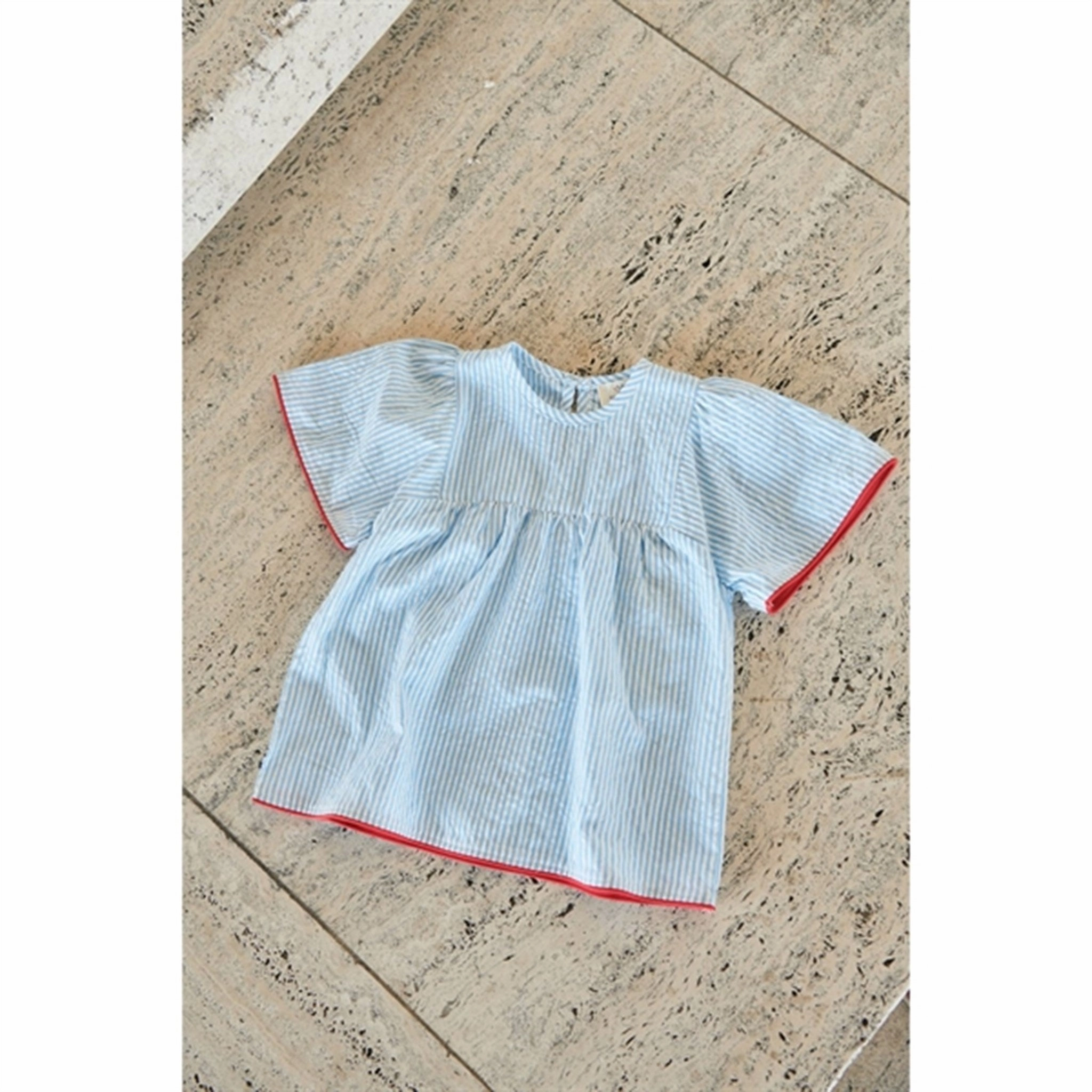 Copenhagen Colors Sky Blue W Cream Stripe Seersucker Blouse Tall Option Functional Pocket