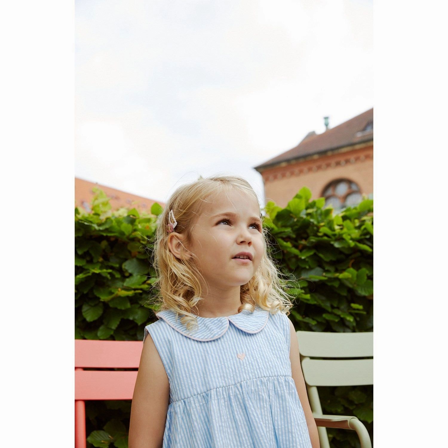 COPENHAGEN COLORS Sky Blue W Cream Stripe W. Soft Pink Seersucker Ss Blouse W. Hearts Reinforced Shoulder Seams