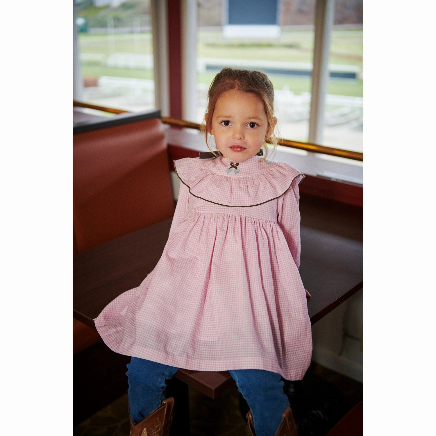 Velvet-Edge Work Fit COPENHAGEN COLORS Syringa Comb. Houndstooth Frill Dress W. Embroidery