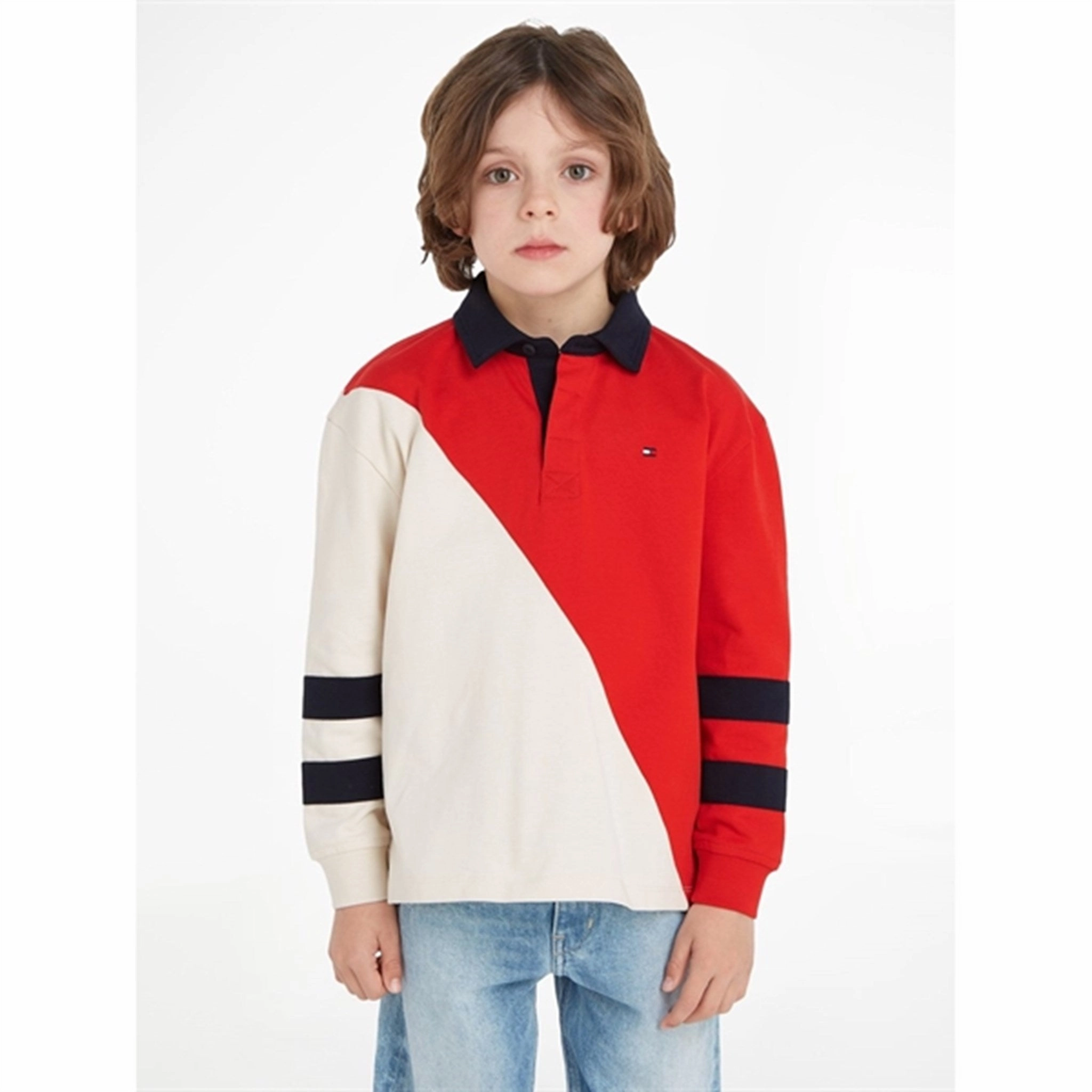 Tommy Hilfiger Colorblock Rugby LS Polo Red/White Colorblock Golf Style AllPurpose Knitting
