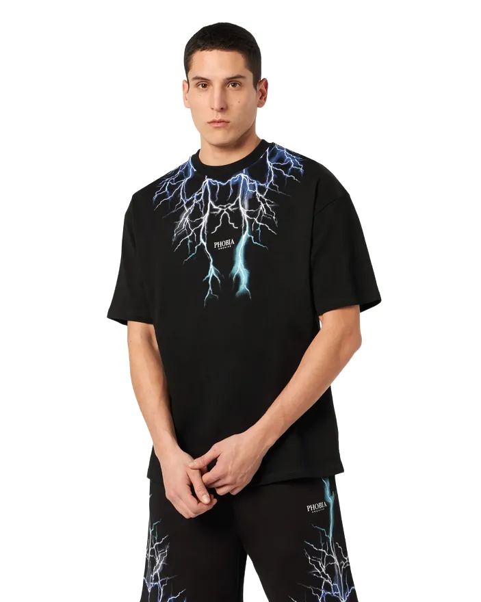 Phobia T-shirt unisex nera blu con fulmini PH00104BLGRLB blu grigio azzurro Flexible Cuff Design Soft and Stylish