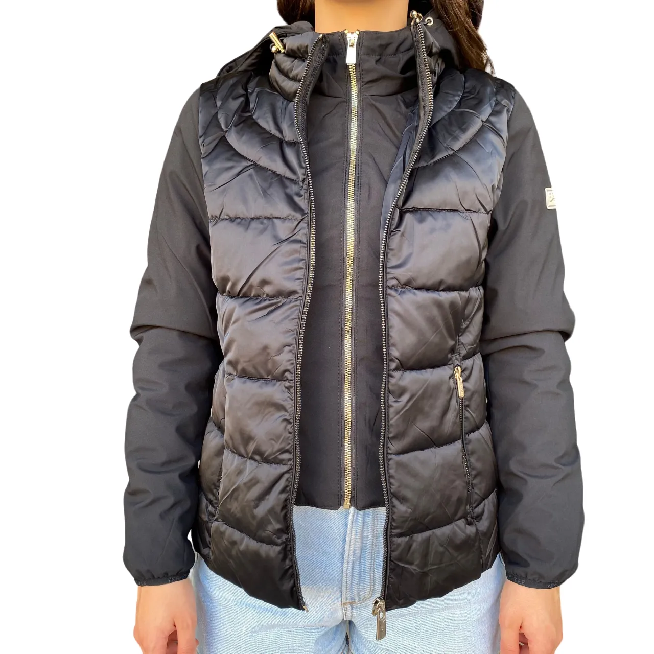 Yes Zee giubbino con cappuccio da donna trapuntato con finto gilet J045 0801 nero Reflective accents