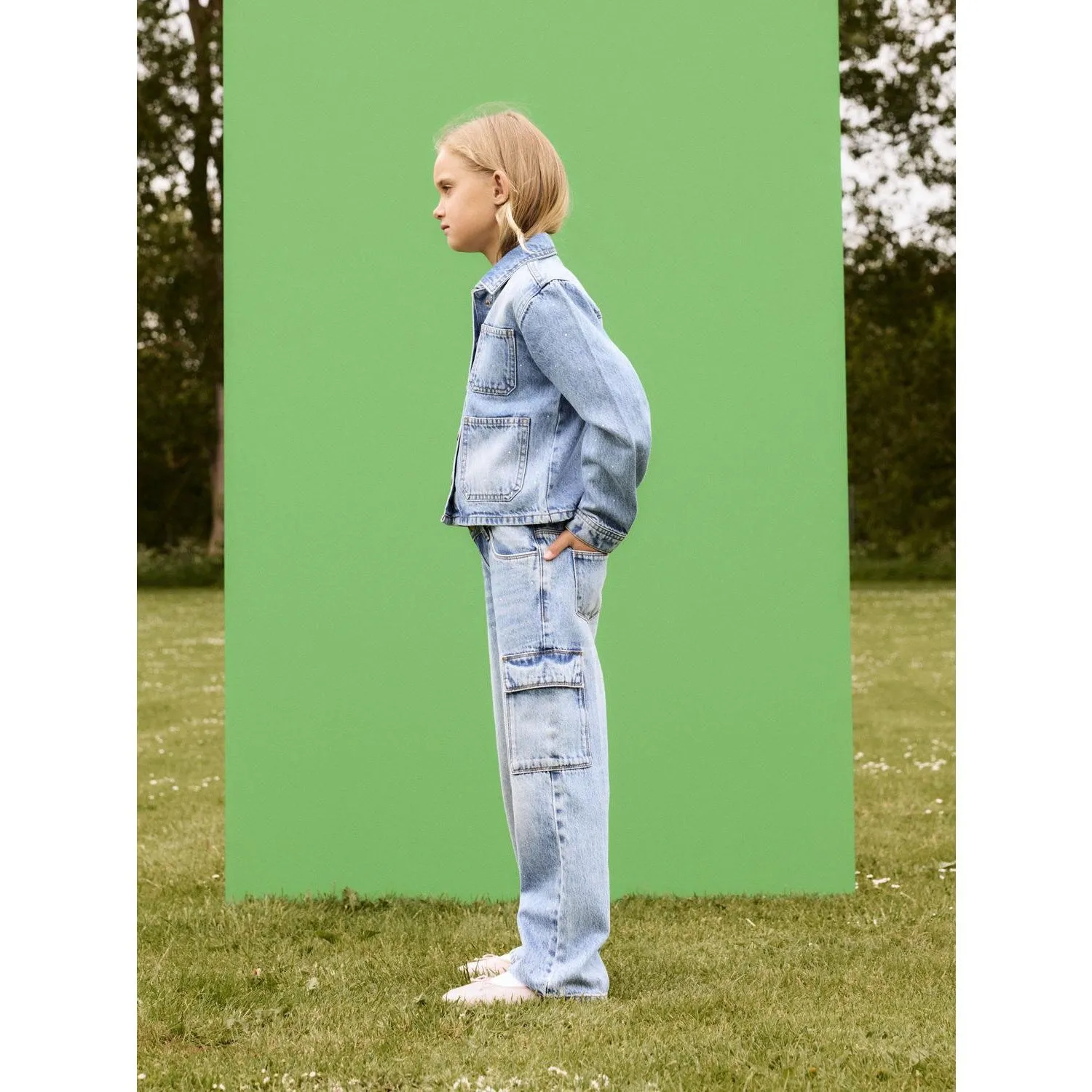 Name It Light Blue Denim Rose Wide Cargo Jeans Luxury Textured