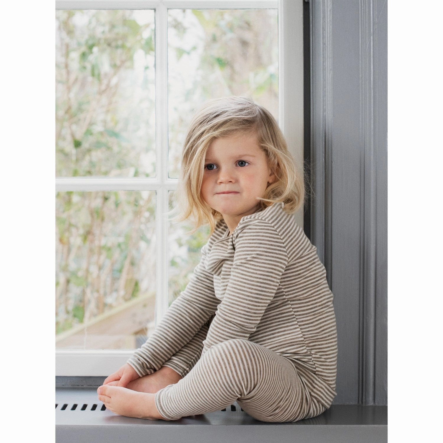 Serendipity Taupe/Offwhite Slim Blouse Stripe Modern Aesthetic Lightweight texture