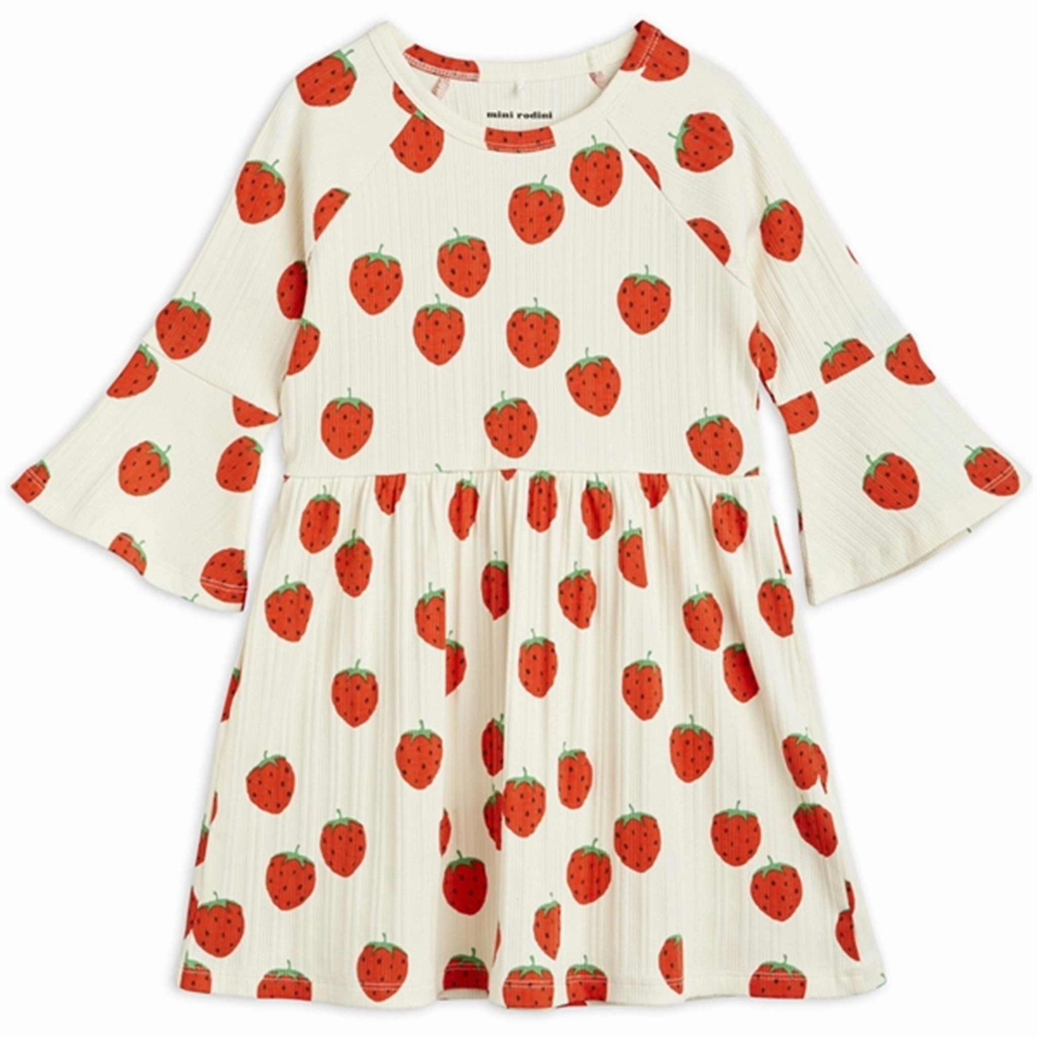 Sophisticated Fit Comfortable and Soft Mini Rodini Strawberries Aop Trumpet Sleeve Dress Offwhite