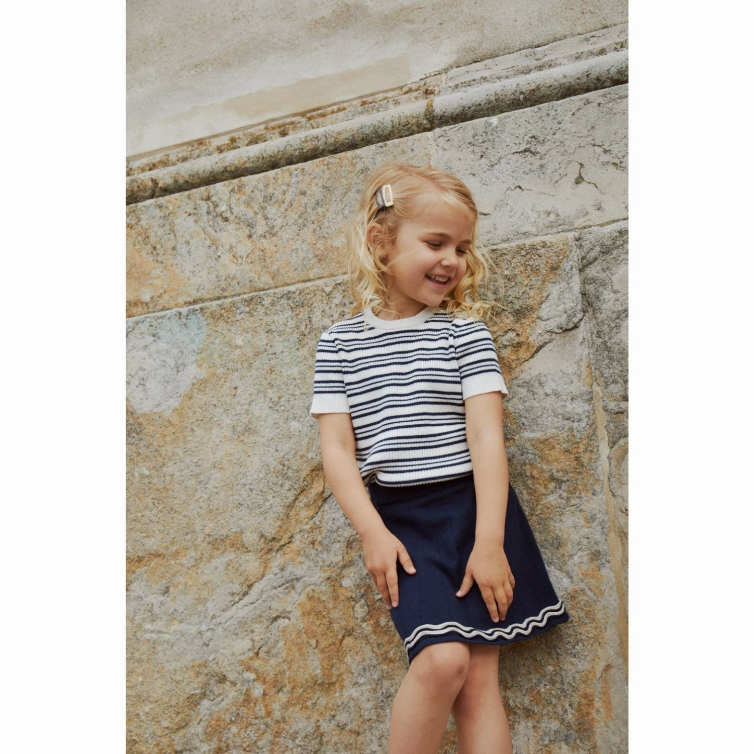 Durable Collar Construction COPENHAGEN COLORS Navy Stripe Knitted Rib T-shirt