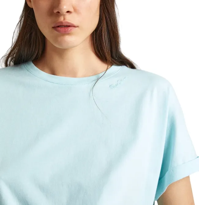 High Density Knit Luxurious Pepe Jeans maglietta manica corta da donna con logo ricamato Liu PL505832 508 acqua