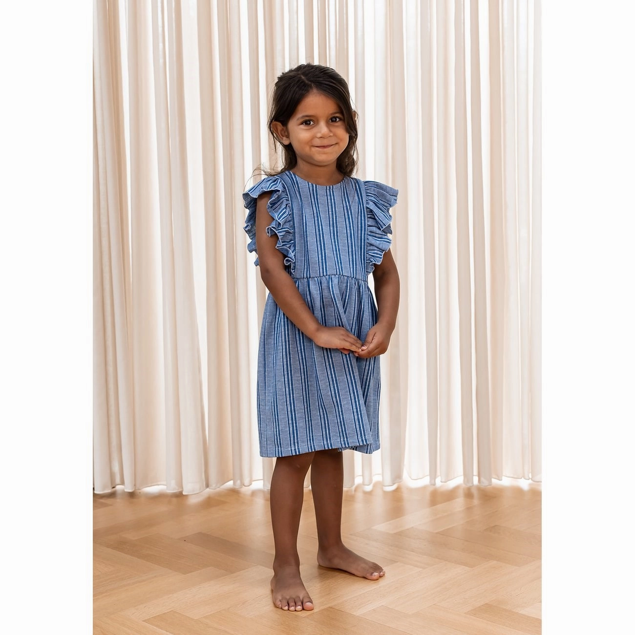 Fliink Cloud Dancer Mazerine Blue Stripe Miro Dress Sweetheart-Neck