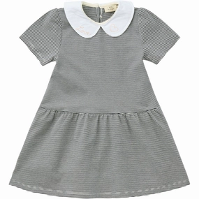 COPENHAGEN COLORS Navy/Cream Stripe Striped Dress W. Poplin Collar Bishop-Sleeve Casual weekend dress