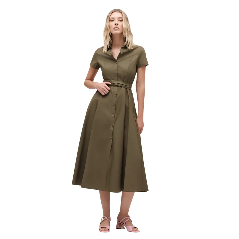 Griffai Abito lungo da donna manica corta e cinta cotone DGP6696 verde militare Formal dinner wear Relaxed Look