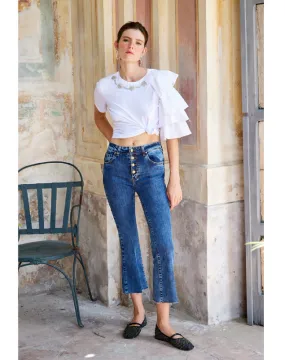 Multi Panel Structure Reinforced Shoulder Fly Girl maglia manica corta da donna con manca volant e applicazione pietre al collo 11686/01 bianco