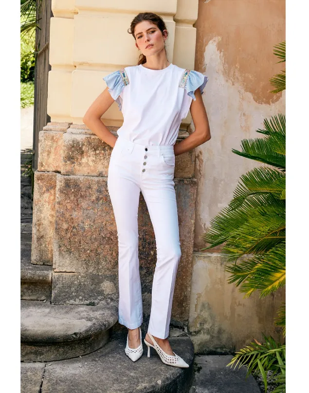 Printed uniqueness Comfy Casual Fly Girl maglietta manica corta da donna con applicazione sulla spalla e manche a righe 11684/01 bianco