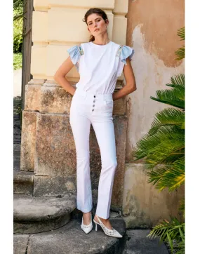 Fly Girl maglietta manica corta da donna con applicazione sulla spalla e manche a righe 11684/01 bianco Chilly Day Essentials