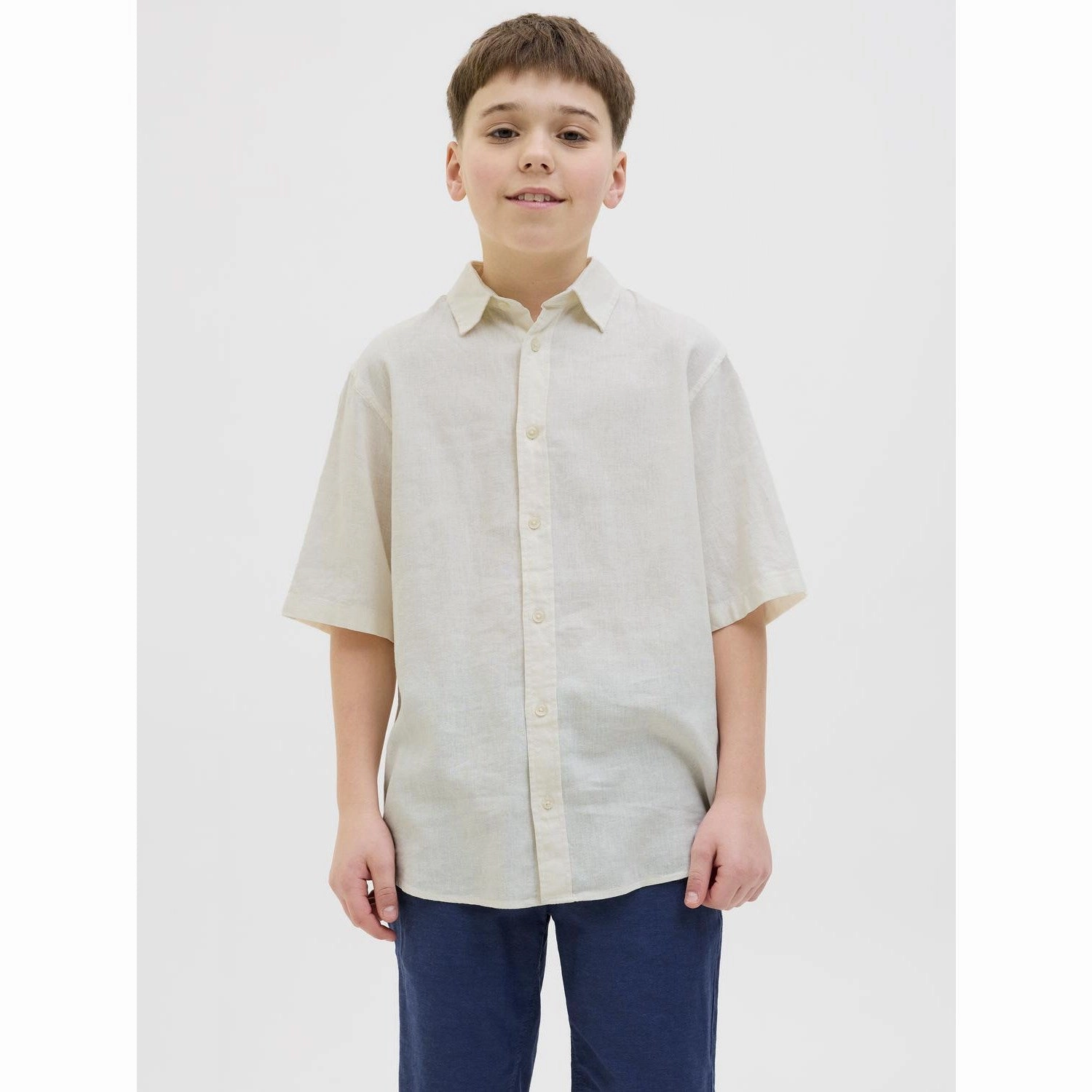 Neutral Toned Stitching Versatile Layering Jack & Jones Junior Antique White Jorparos Oversized Shirt Ss Jnr