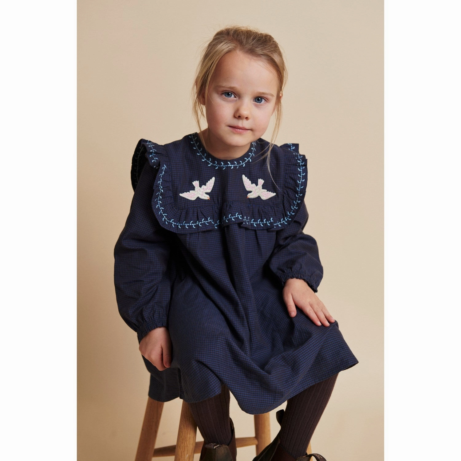 COPENHAGEN COLORS Brown/Blue Check Comb. Checkered Dress W. Embroidery And Ruffle Romance Soul