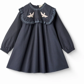 Gender Fluid Soft Touch COPENHAGEN COLORS Brown/Blue Check Comb. Checkered Dress W. Embroidery And Ruffle