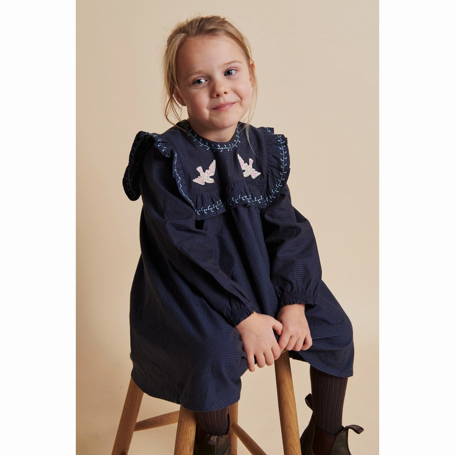 COPENHAGEN COLORS Brown/Blue Check Comb. Checkered Dress W. Embroidery And Ruffle Outdoor Vibe