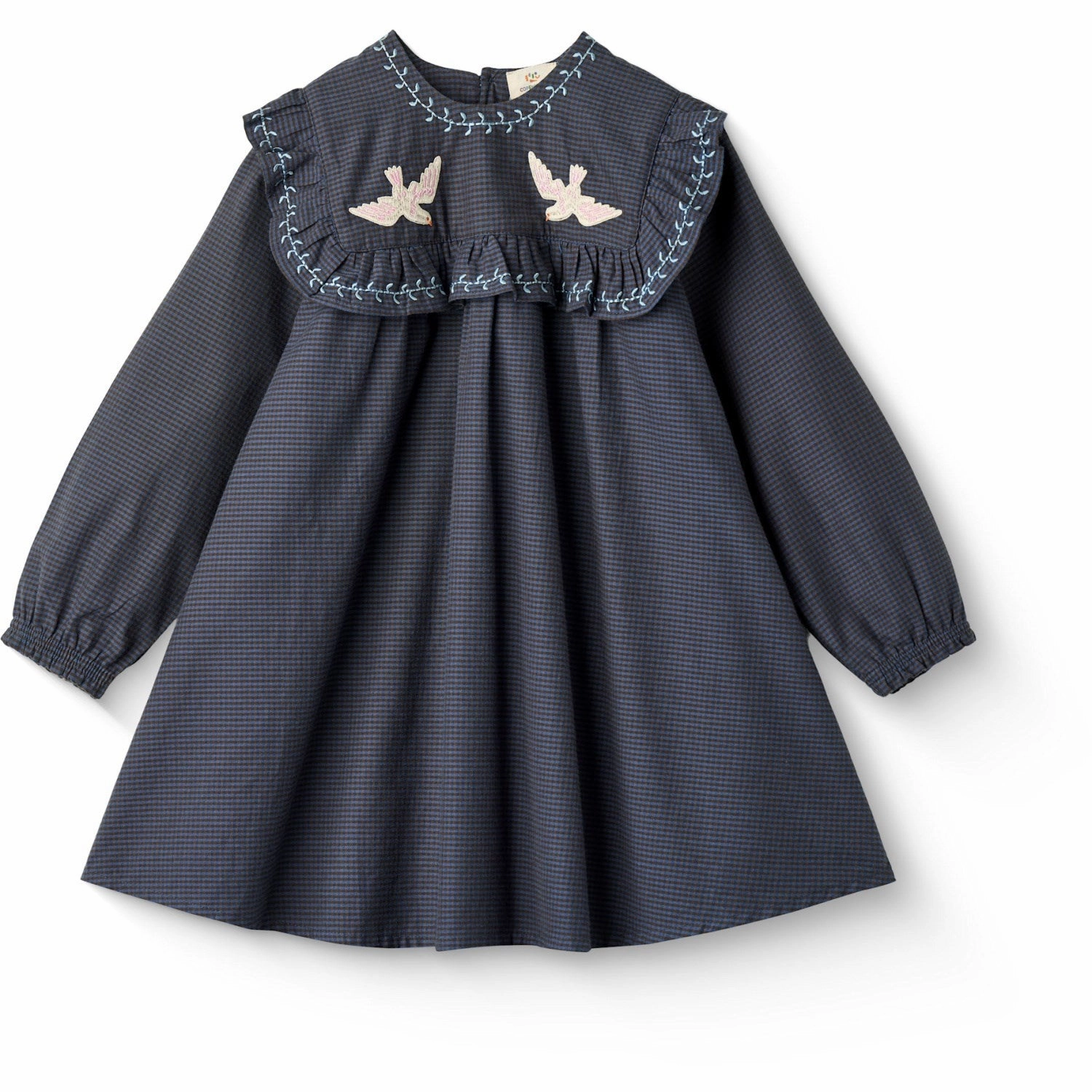 Gender Fluid Soft Touch COPENHAGEN COLORS Brown/Blue Check Comb. Checkered Dress W. Embroidery And Ruffle