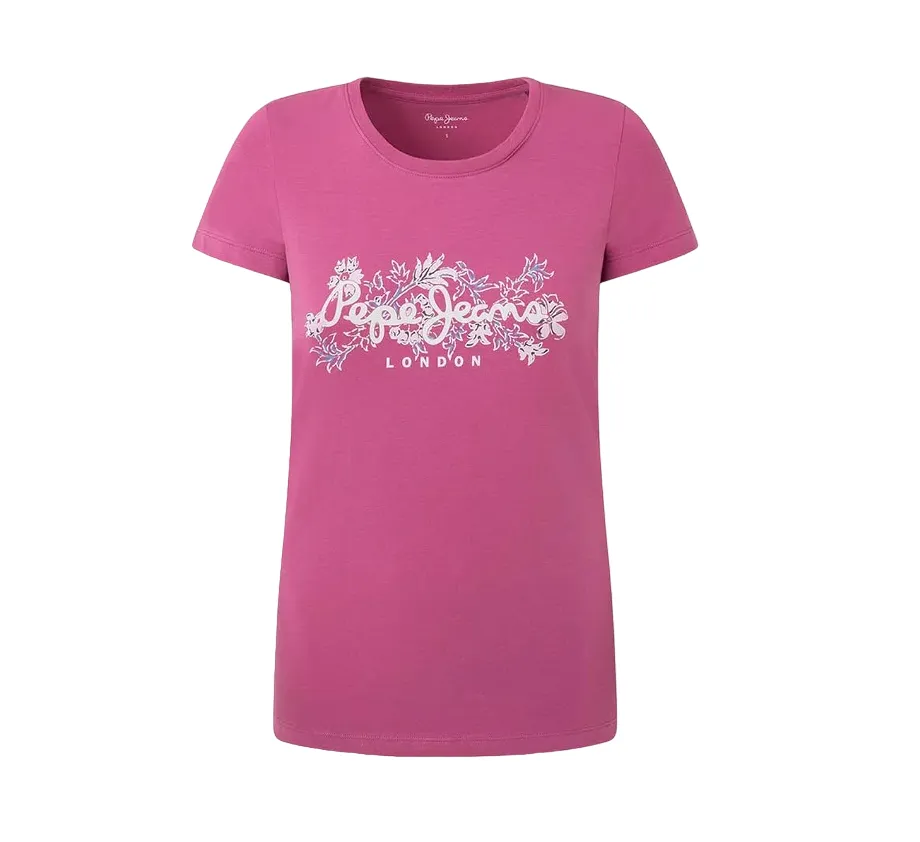 Pepe Jeans maglietta manica corta da donna con logo stampato Korina PL505834 363 rosa Anti Pilling Treatment