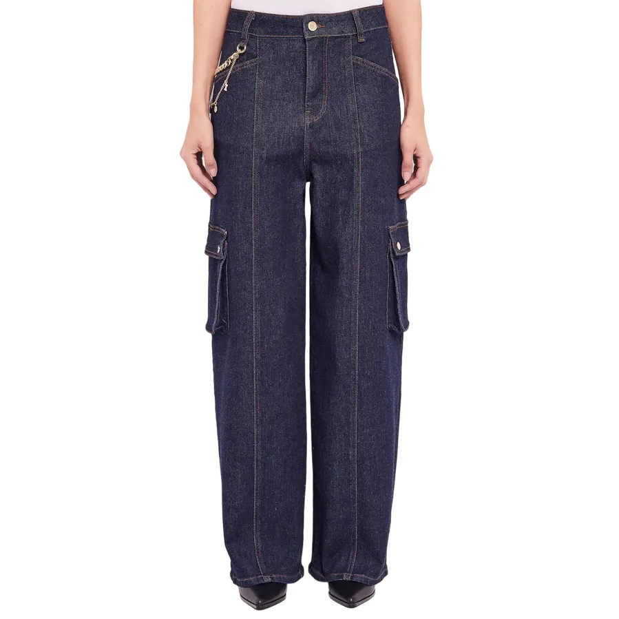 Twill Weave Texture Gaud?? pantalone cargo in jeans da donna con catena 421BD26014 blu