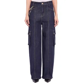 Twill Weave Texture Gaud?? pantalone cargo in jeans da donna con catena 421BD26014 blu