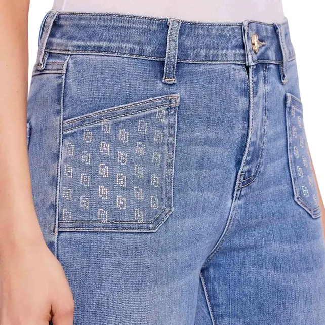Gaud?? pantalone jeans da donna a vita alta con strass alle tasche a zampa 511BD26004 00 blu chiaro Flexible Comfort Trendy Look