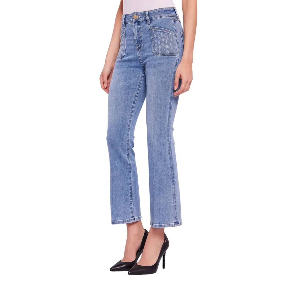 Gaud?? pantalone jeans da donna a vita alta con strass alle tasche a zampa 511BD26004 00 blu chiaro Sweat Wicking Liner