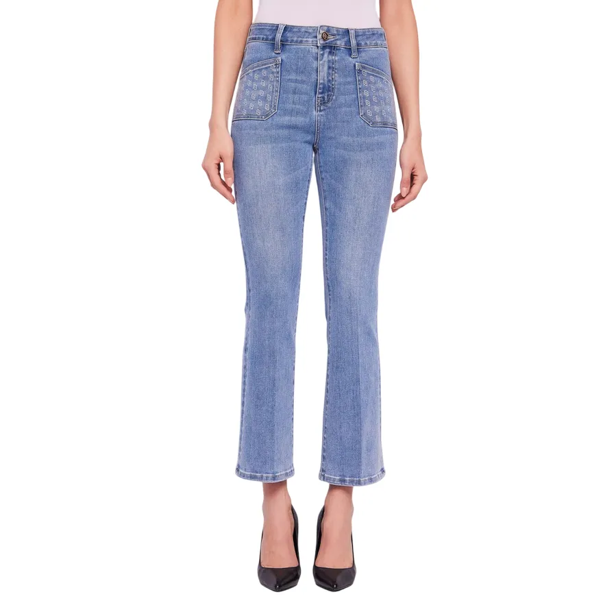 Ripstop Texture Gaud?? pantalone jeans da donna a vita alta con strass alle tasche a zampa 511BD26004 00 blu chiaro