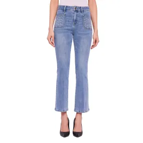 Gaud?? pantalone jeans da donna a vita alta con strass alle tasche a zampa 511BD26004 00 blu chiaro Comfy Look