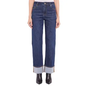 Flat Lock Stitching Gaud?? pantalone jeans da donna con risvolto 421BD26003 blu