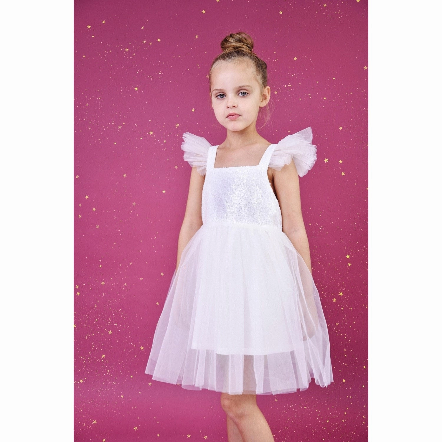 Dolly by Le Petit Tom White Dolly Universe Sequin Glitter Galaxy Tutu Dress Linen-Blend Trendy Look