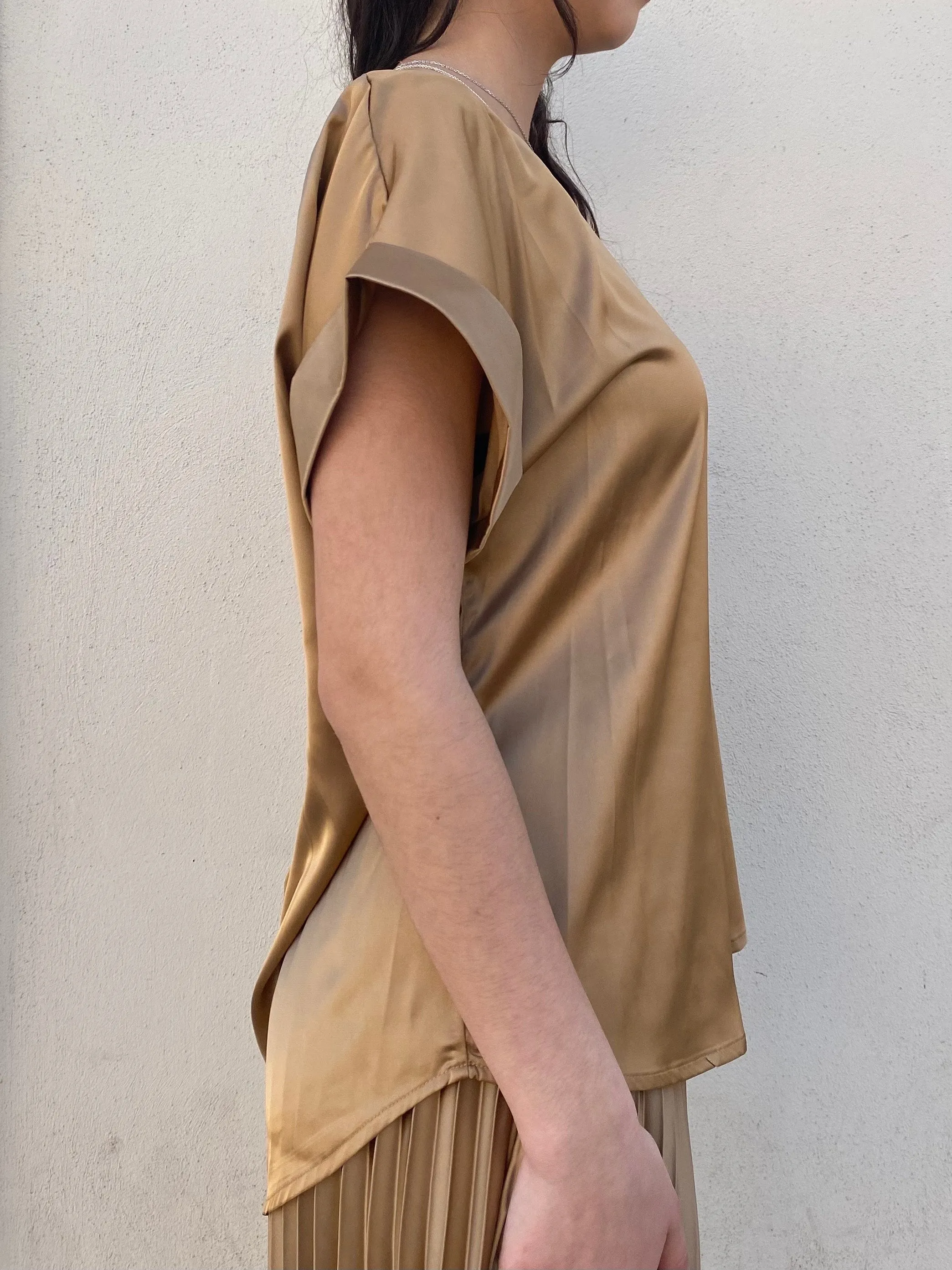 Ribbed Neckline Griffai casacca manica corta da donna in raso DGP6687 bronzo