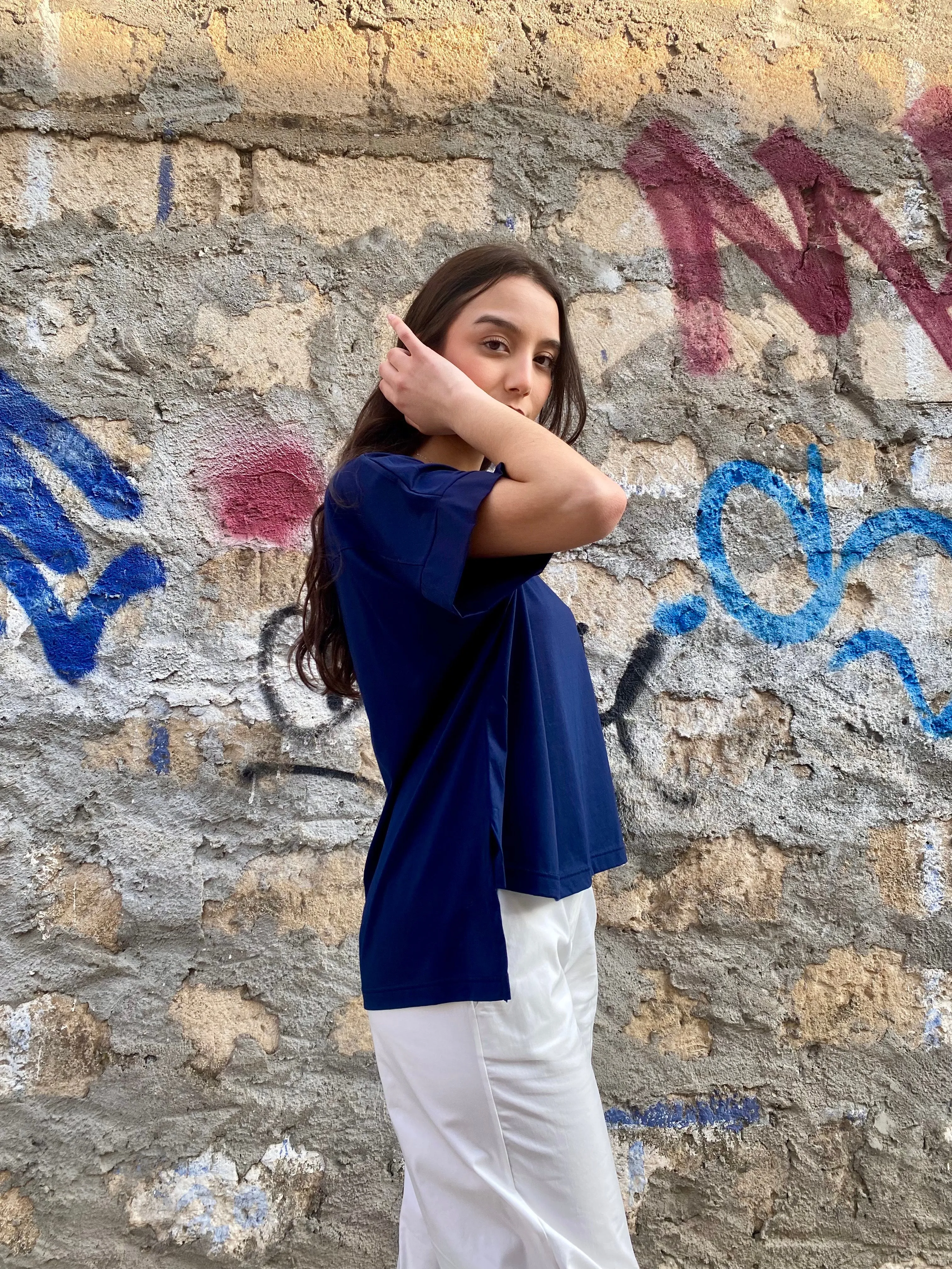 Griffai maglietta manica corta da donna asimmetrica DGP6516 blu Street Comfort Style Everyday Comfort Style