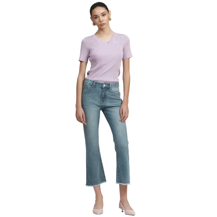 Griffai pantalone in jeans da donna cropped con bottone gioiello DGP6166 denim ElasticWaistband Comfort-First