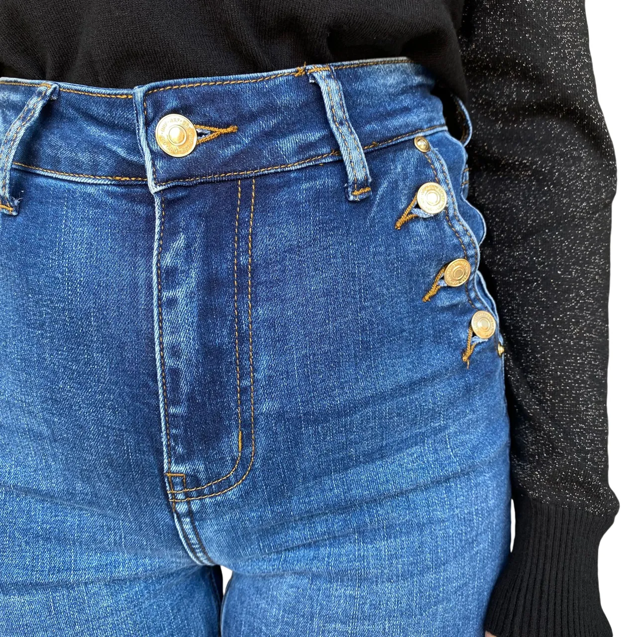 Casual Office Anti Static Lining Griffai pantalone jeans da donna a palazzo con bottoni DGF4420 blu medio