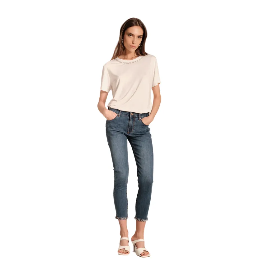 Griffai pantalone jeans da donna con spacchetti e catena alla caviglia DGP4757  blu medio Flexible Seam