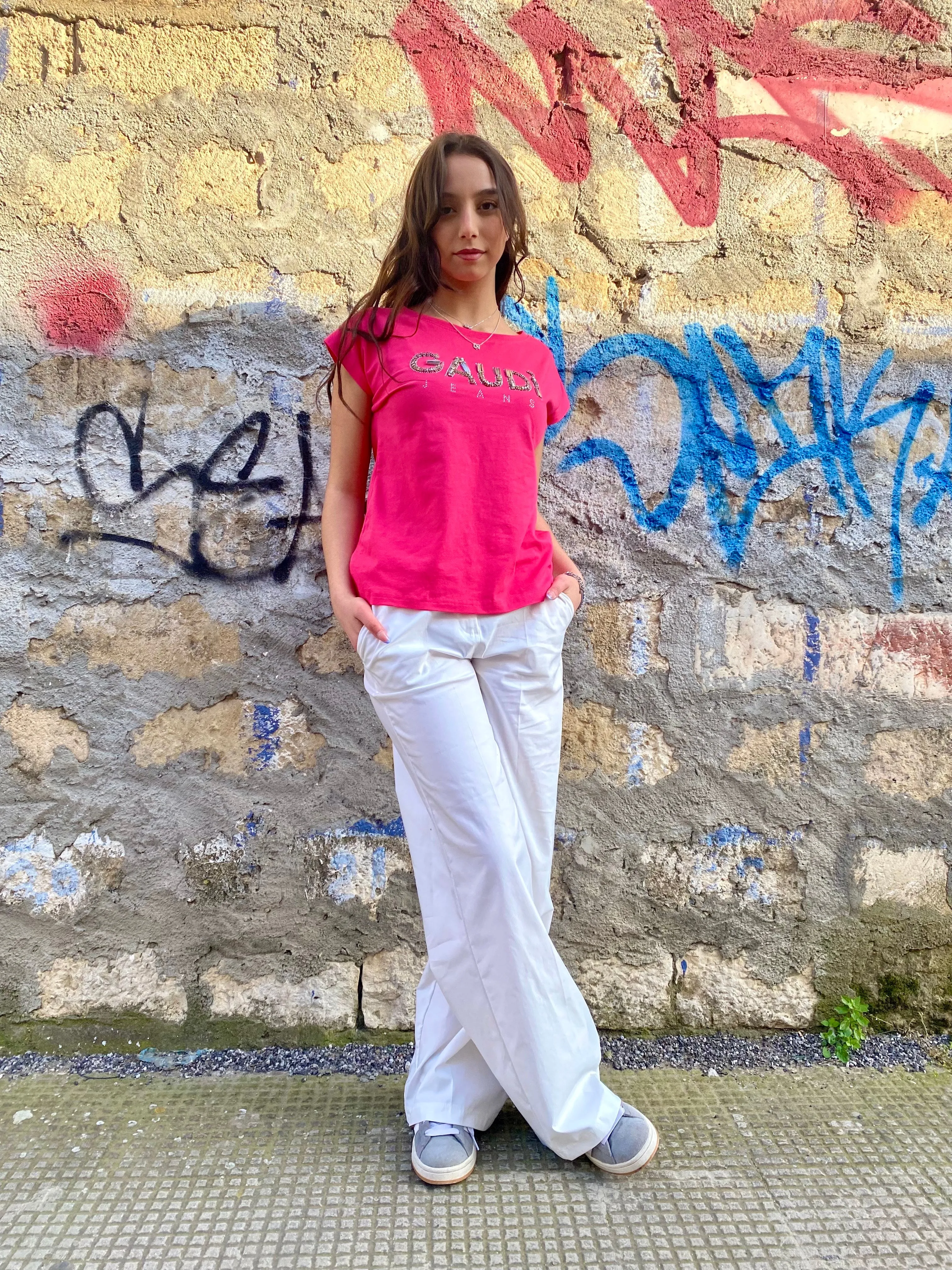 Griffai pantapalazzo elasticizzato da donna con elastico dietro Bryan DGP7078 panna NoiseReducingFabric