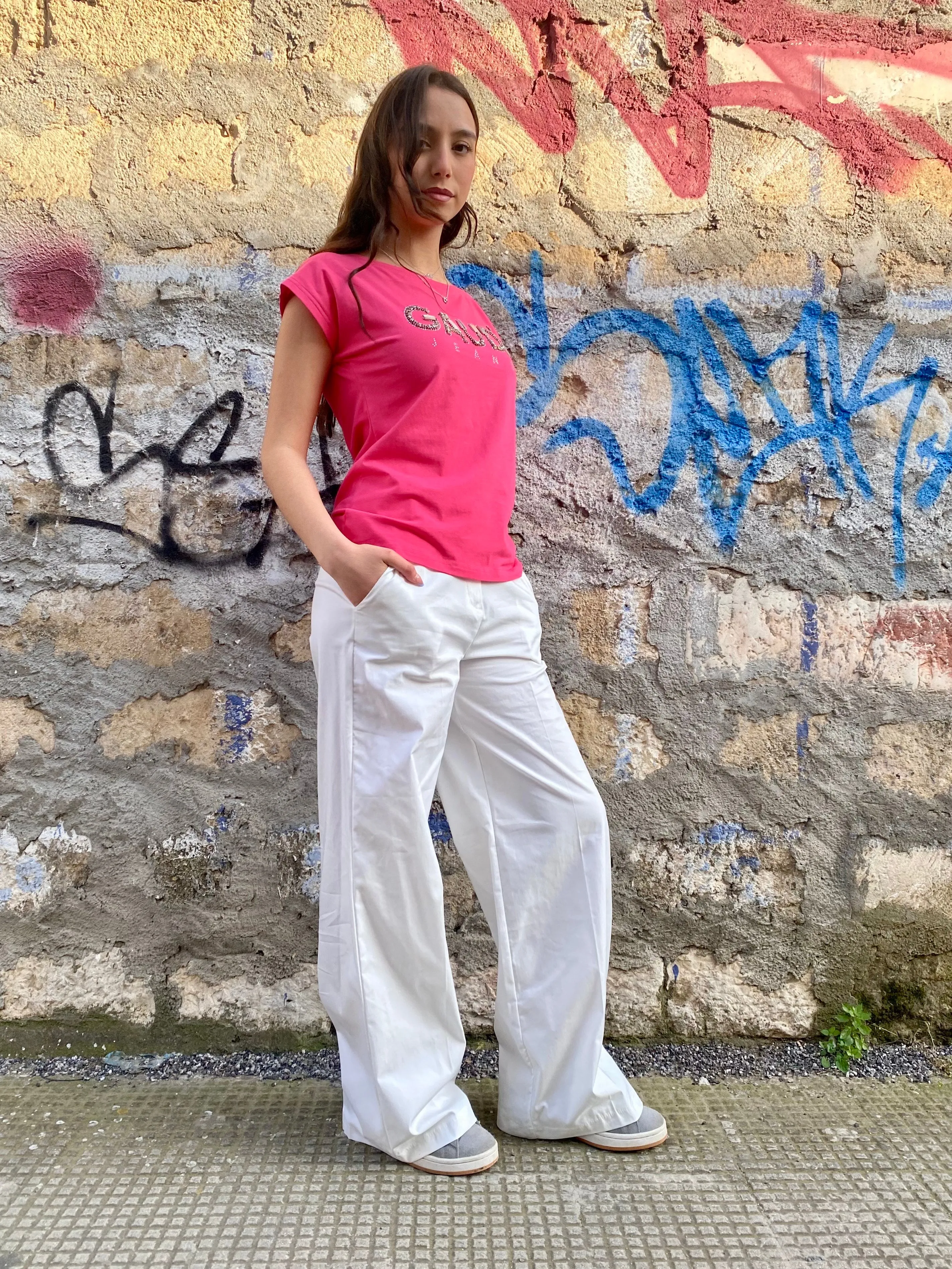 Griffai pantapalazzo elasticizzato da donna con elastico dietro Bryan DGP7078 panna Perfect Comfort ExtendedSizeRange