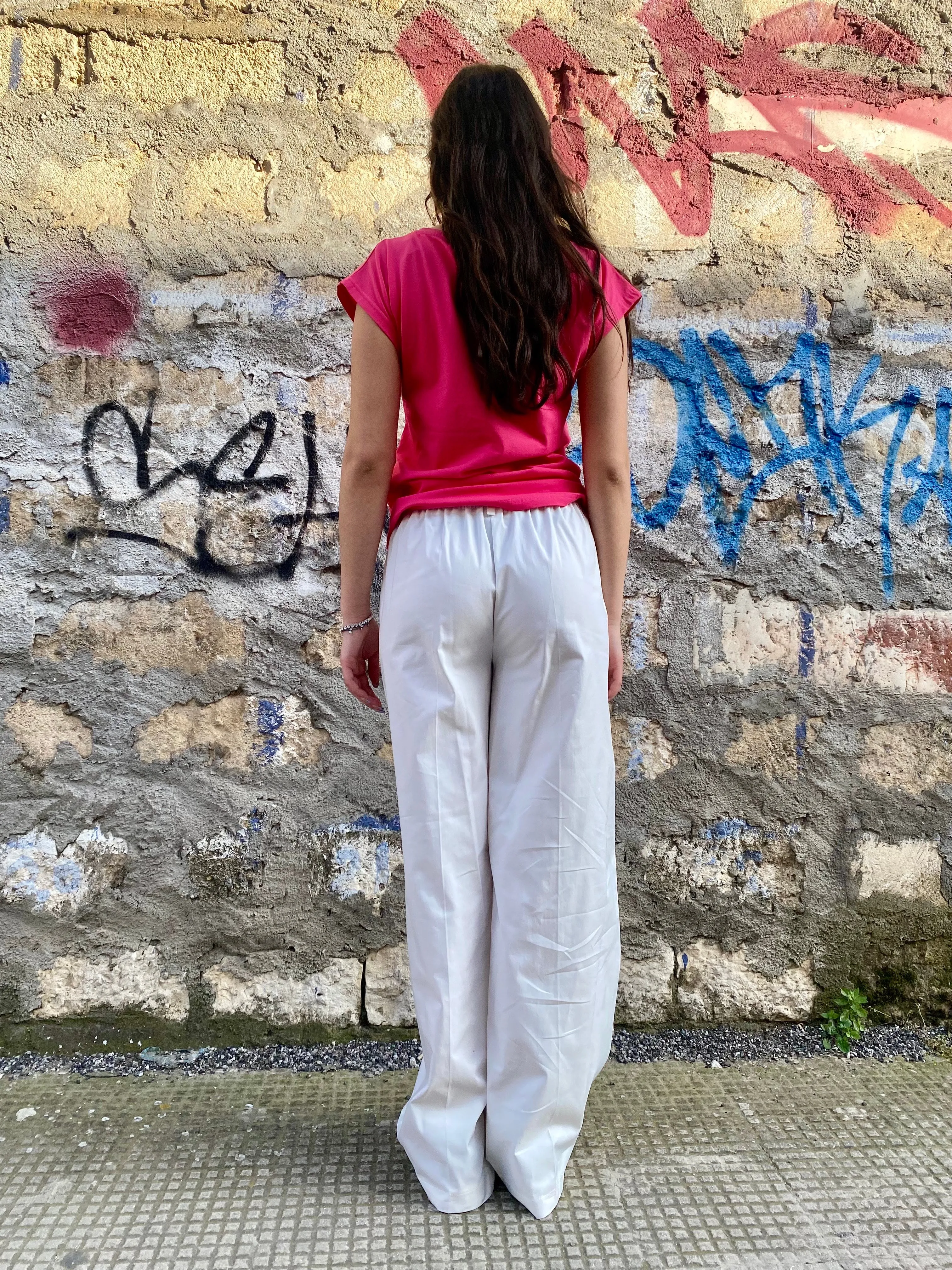 Griffai pantapalazzo elasticizzato da donna con elastico dietro Bryan DGP7078 panna Rayon drape