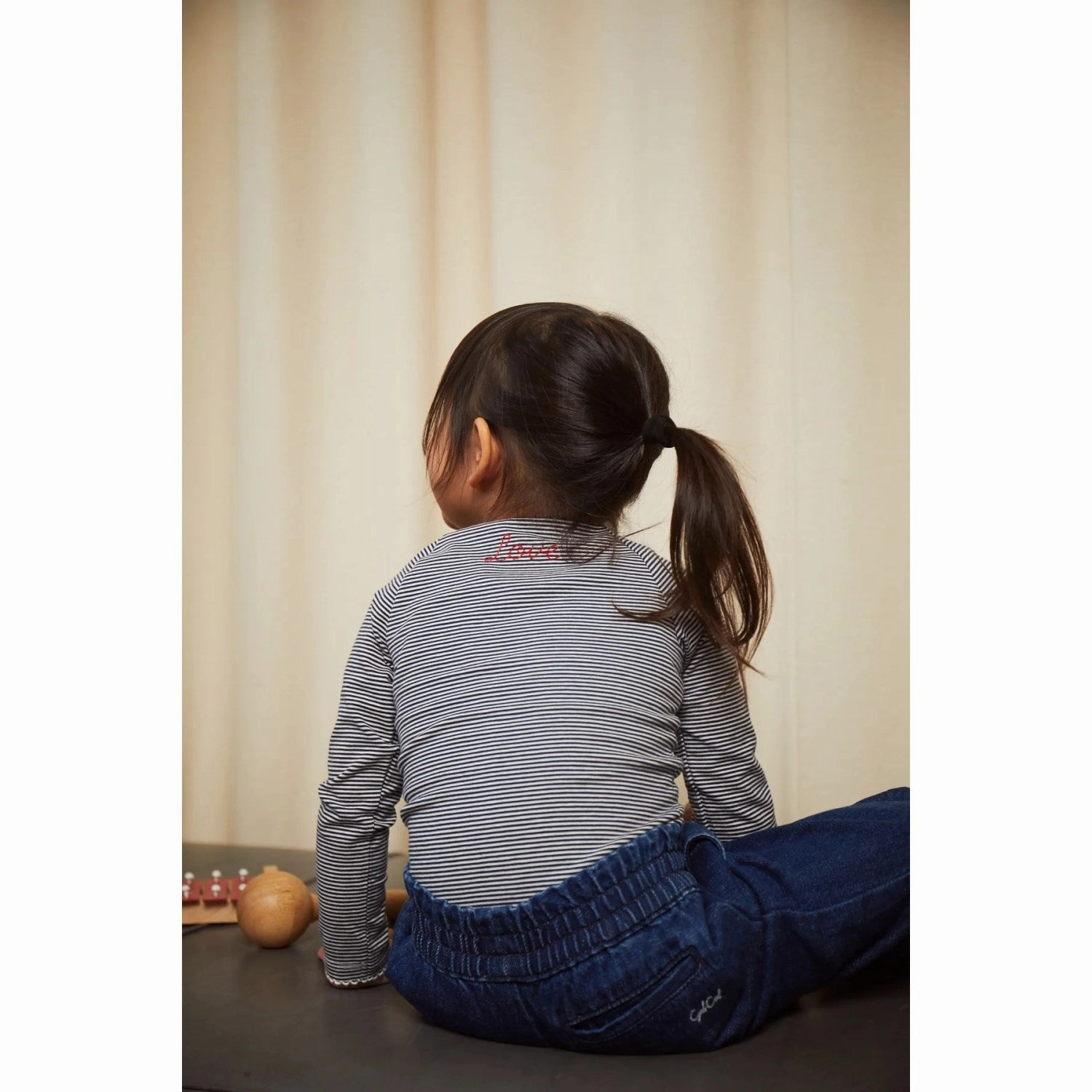 COPENHAGEN COLORS Navy/Cream Stripe Striped Ls Tee W. Bow Oversized Fit Organic Cotton