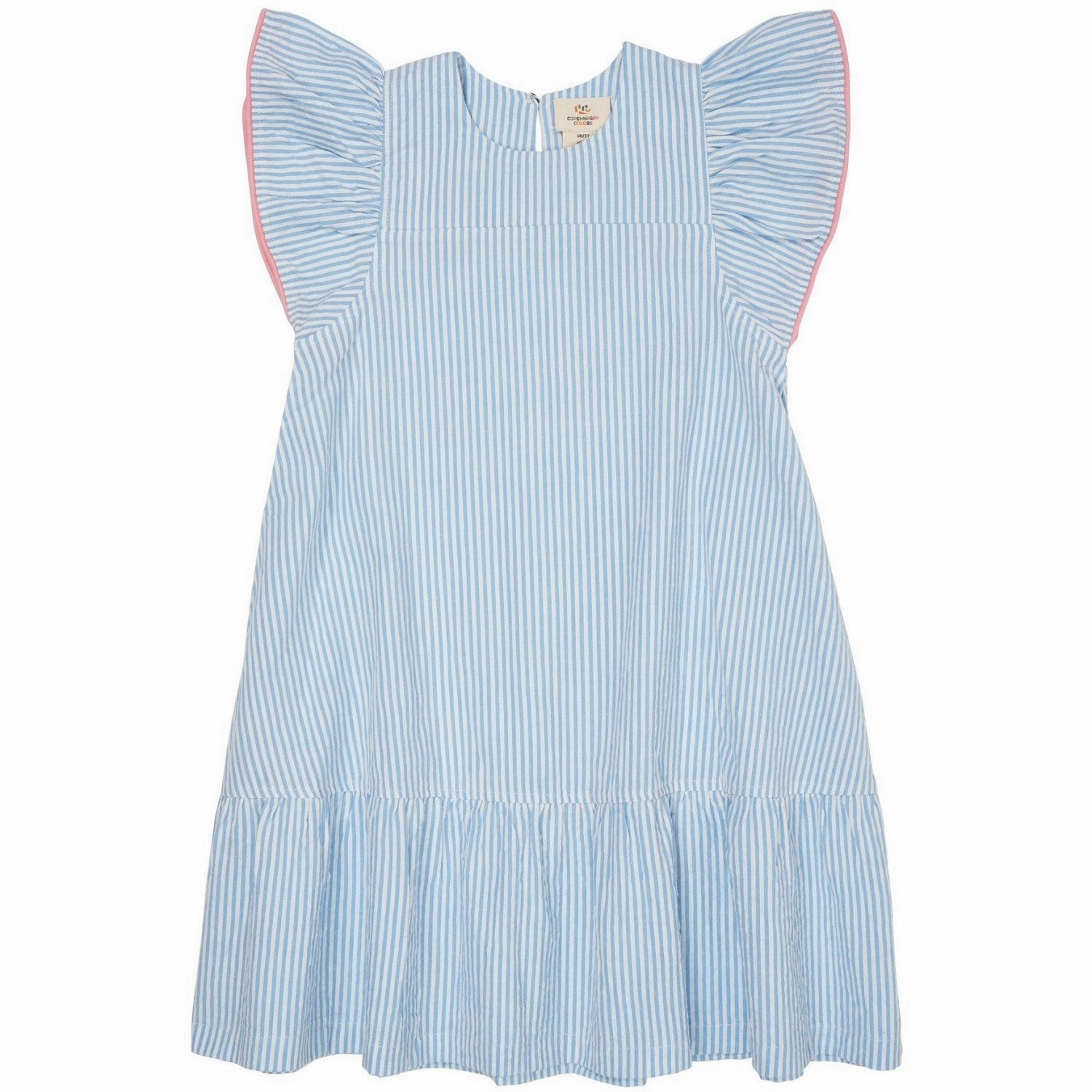 COPENHAGEN COLORS Sky Blue W Cream Stripe W. Pink Seersucker Dress W. Frill Sleeves Comfy Layers