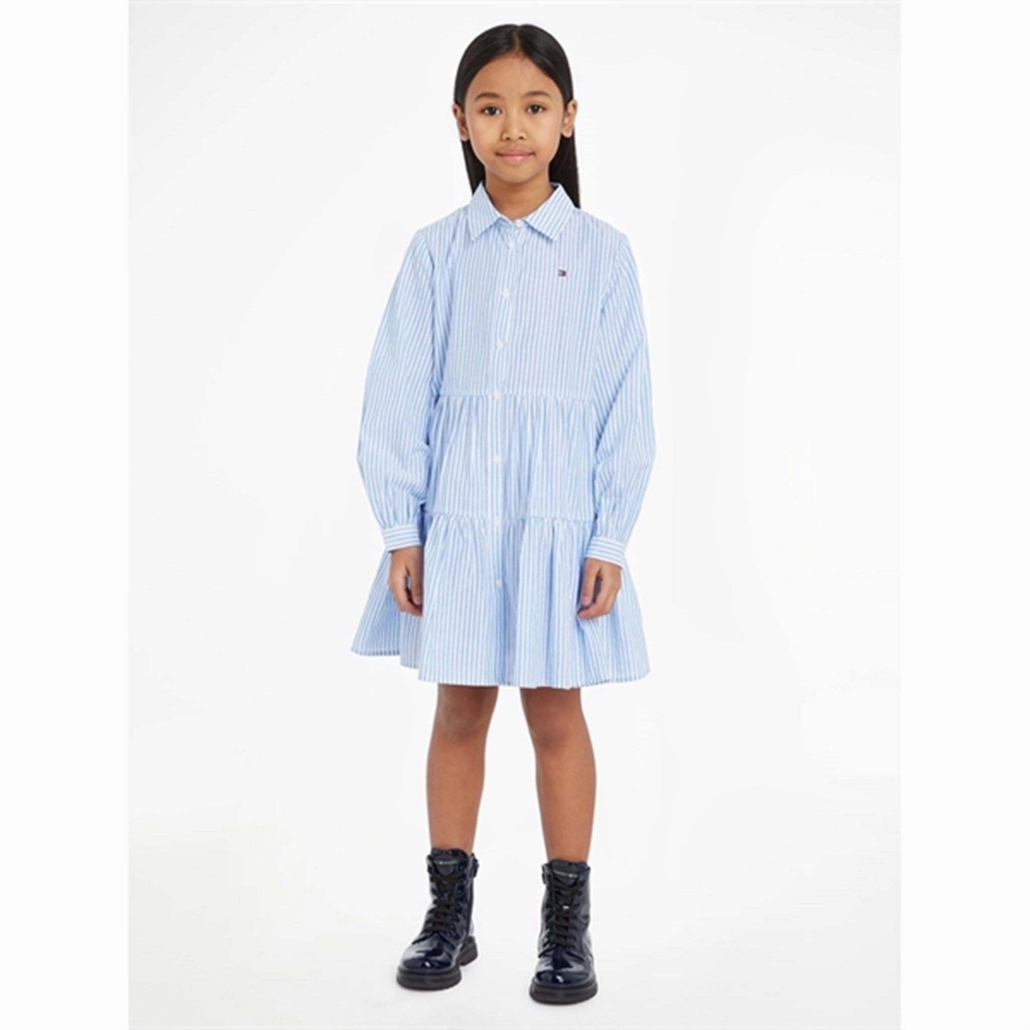 Bishop-Sleeve Tommy Hilfiger Lurex Stripe Shirt Dress Blue Stripe