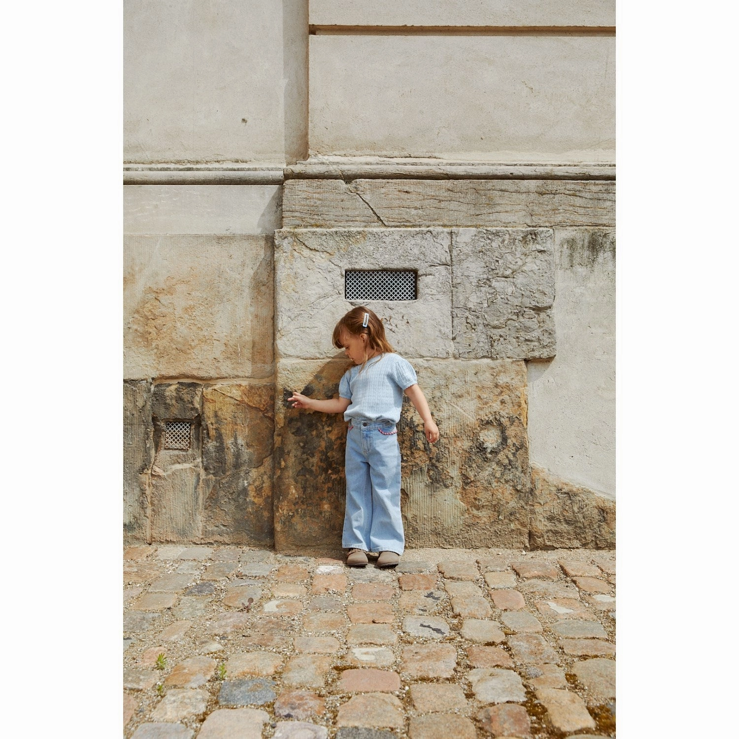 COPENHAGEN COLORS Dusty Blue Knitted Pointelle Blouse Petite Cut Striped Pattern