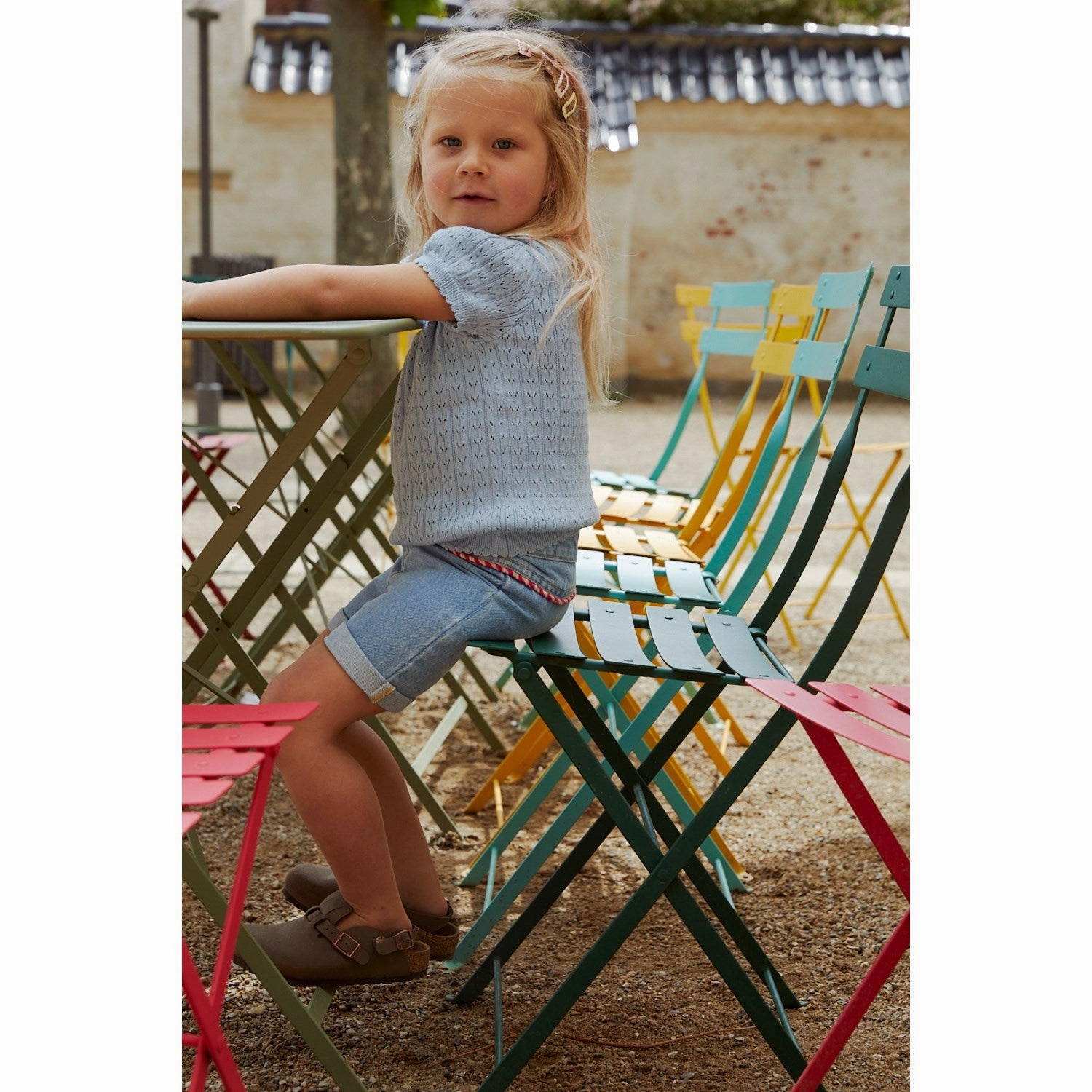 COPENHAGEN COLORS Dusty Blue Knitted Pointelle Blouse Statement Piece Beach Ready