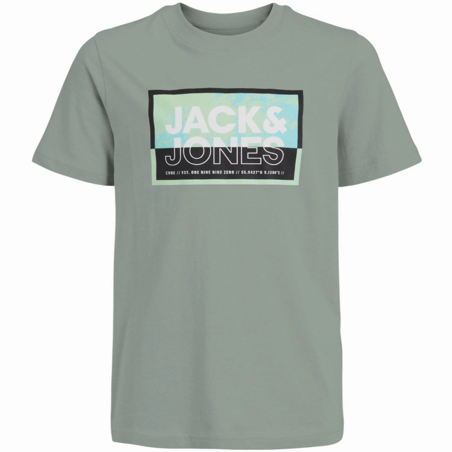 Jack & Jones Junior Aqua Gray Cologan T-Shirt Crew Neck Comfort Apparel Unisex Fit