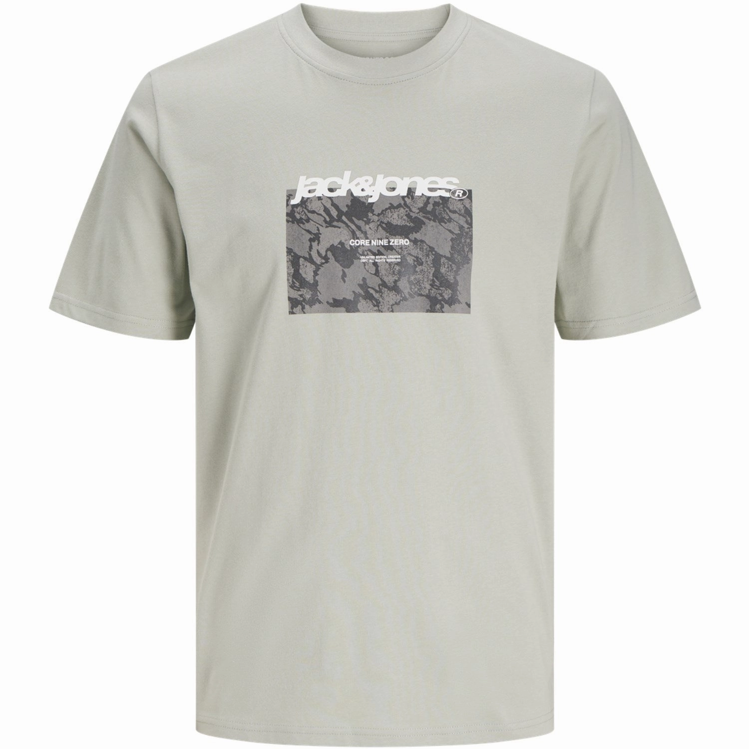 Structured silhouette Jack & Jones Junior Aqua Gray Tarmac Camo Front T-Shirt Crew Neck