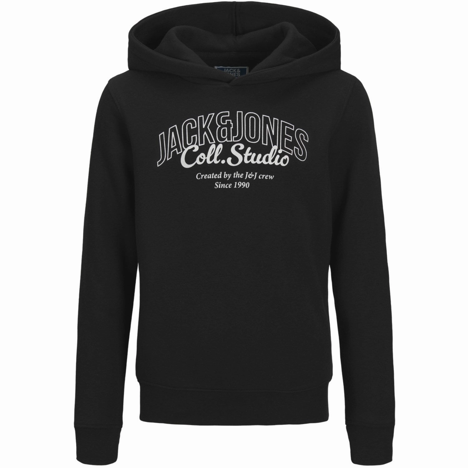 Jack & Jones Junior Black Big Print Jjmakoto Sweat Hood Jnr Stretch Blend Fabric Minimalist Aesthetic